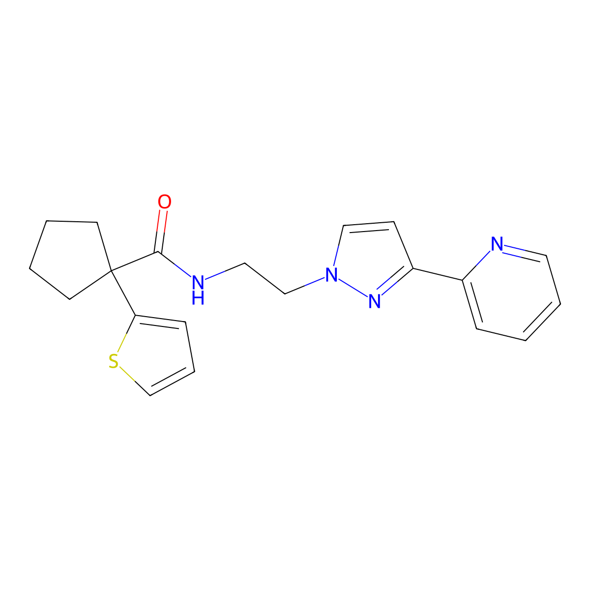 N-(2-(3-(pyridin-2-yl)-1H-pyrazol-1-yl)ethyl)-1-(thiophen-2-yl)cyclopentanecarboxamide molecular structure, CAS 1448035-48-0