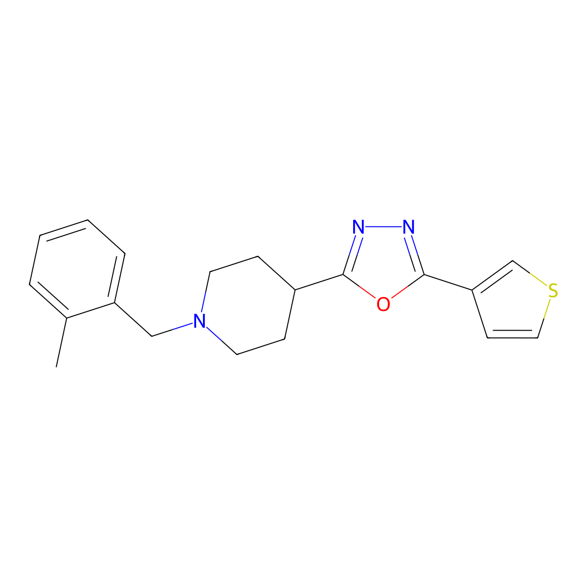 2-(1-(2-Methylbenzyl)piperidin-4-yl)-5-(thiophen-3-yl)-1,3,4-oxadiazole molecular structure, CAS 1448035-55-9
