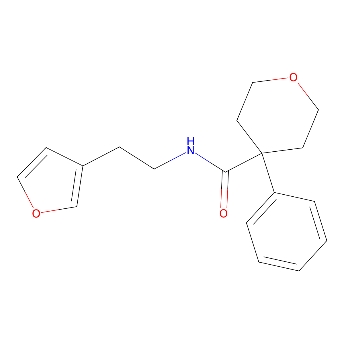 N-(2-(furan-3-yl)ethyl)-4-phenyltetrahydro-2H-pyran-4-carboxamide molecular structure, CAS 1448035-58-2