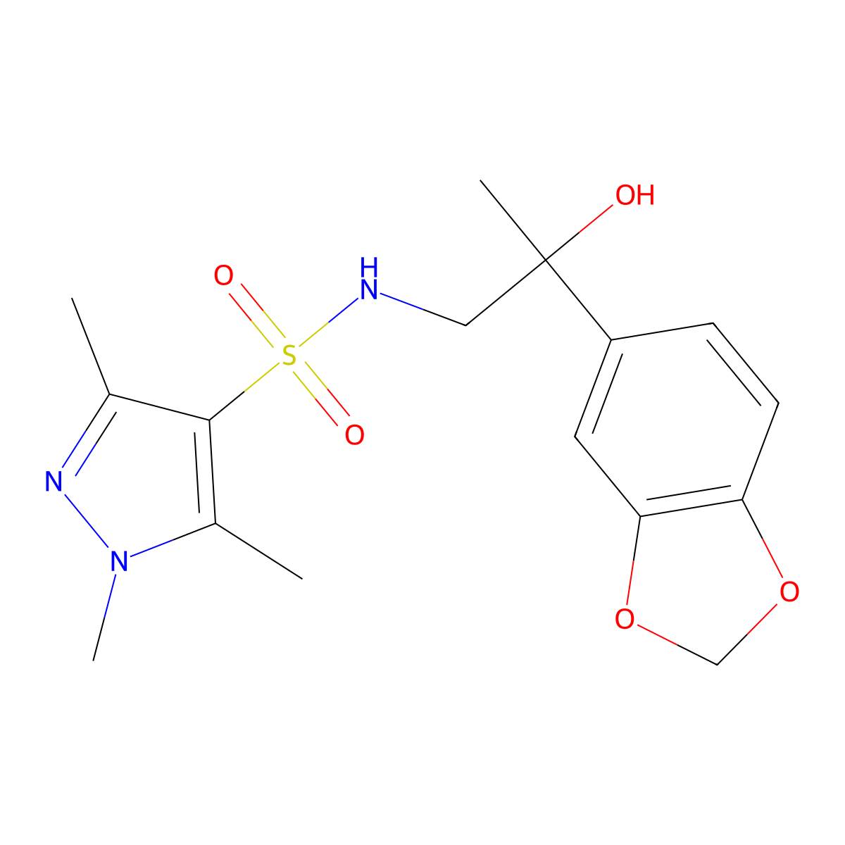 N-(2-(benzo[d][1,3]dioxol-5-yl)-2-hydroxypropyl)-1,3,5-trimethyl-1H-pyrazole-4-sulfonamide molecular structure, CAS 1448035-73-1