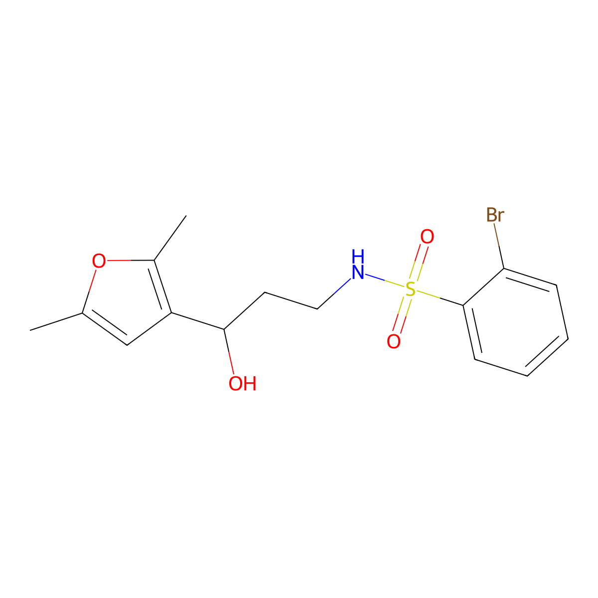 2-bromo-N-(3-(2,5-dimethylfuran-3-yl)-3-hydroxypropyl)benzenesulfonamide molecular structure, CAS 1448035-80-0