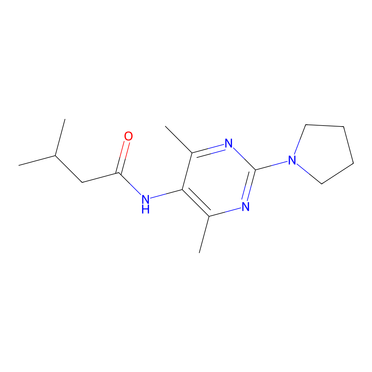N-(4,6-dimethyl-2-(pyrrolidin-1-yl)pyrimidin-5-yl)-3-methylbutanamide molecular structure, CAS 1448035-83-3