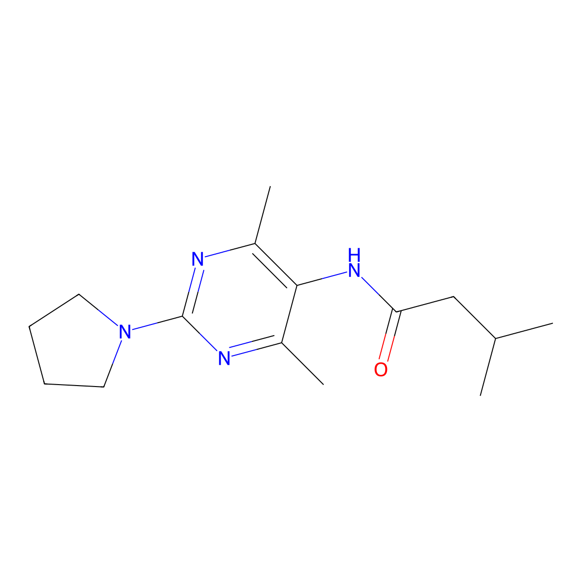 N-(4,6-dimethyl-2-(pyrrolidin-1-yl)pyrimidin-5-yl)-3-methylbutanamide molecular structure, CAS 1448035-83-3