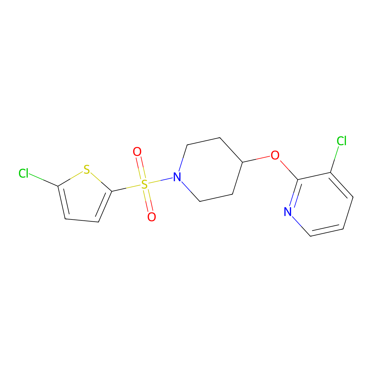 3-Chloro-2-((1-((5-chlorothiophen-2-yl)sulfonyl)piperidin-4-yl)oxy)pyridine molecular structure, CAS 1448035-96-8