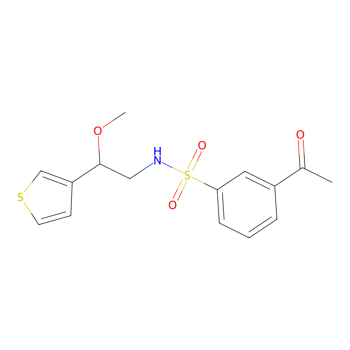3-acetyl-N-(2-methoxy-2-(thiophen-3-yl)ethyl)benzenesulfonamide molecular structure, CAS 1448036-00-7