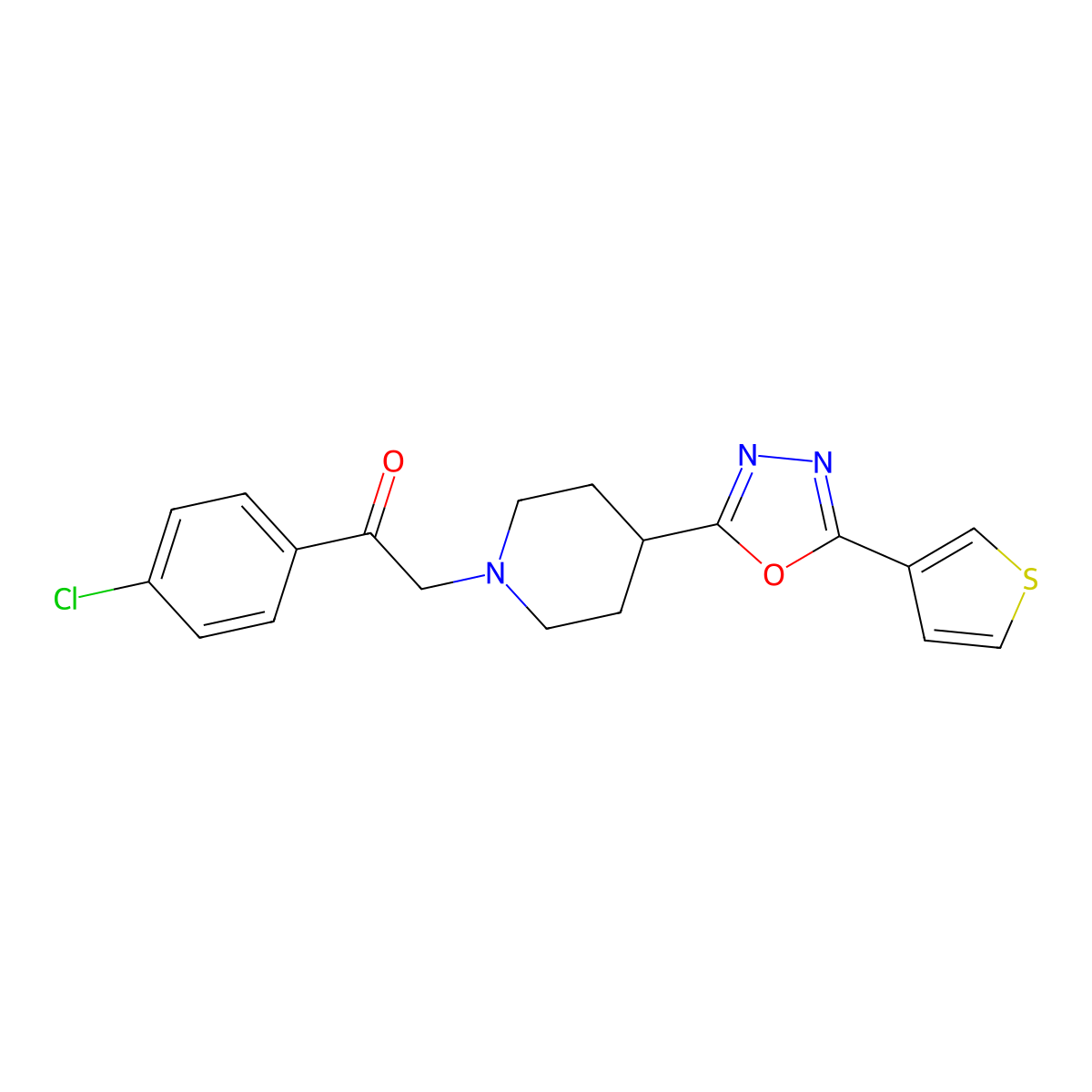 1-(4-Chlorophenyl)-2-(4-(5-(thiophen-3-yl)-1,3,4-oxadiazol-2-yl)piperidin-1-yl)ethanone molecular structure, CAS 1448036-02-9