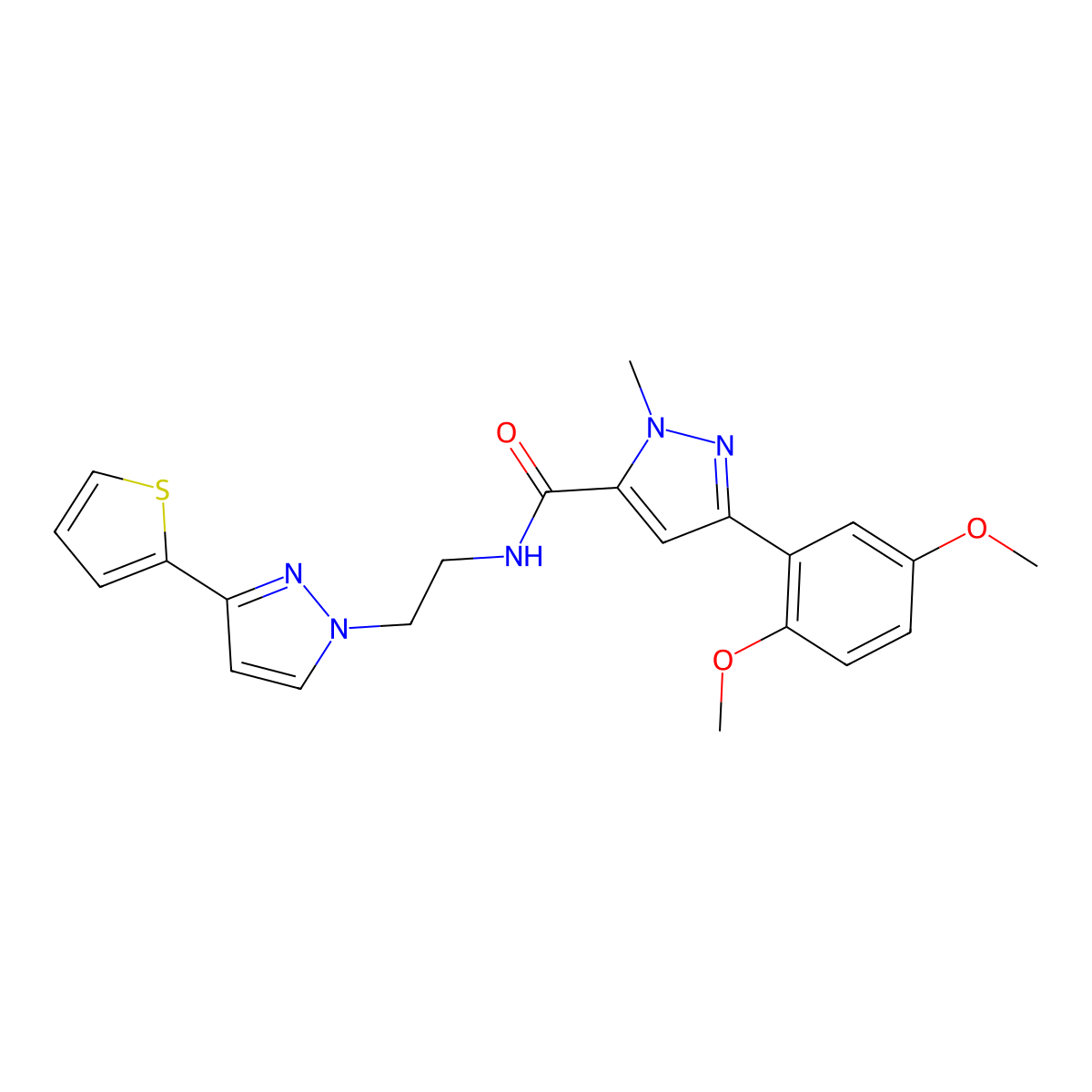 3-(2,5-dimethoxyphenyl)-1-methyl-N-{2-[3-(thiophen-2-yl)-1H-pyrazol-1-yl]ethyl}-1H-pyrazole-5-carboxamide molecular structure, CAS 1448036-08-5