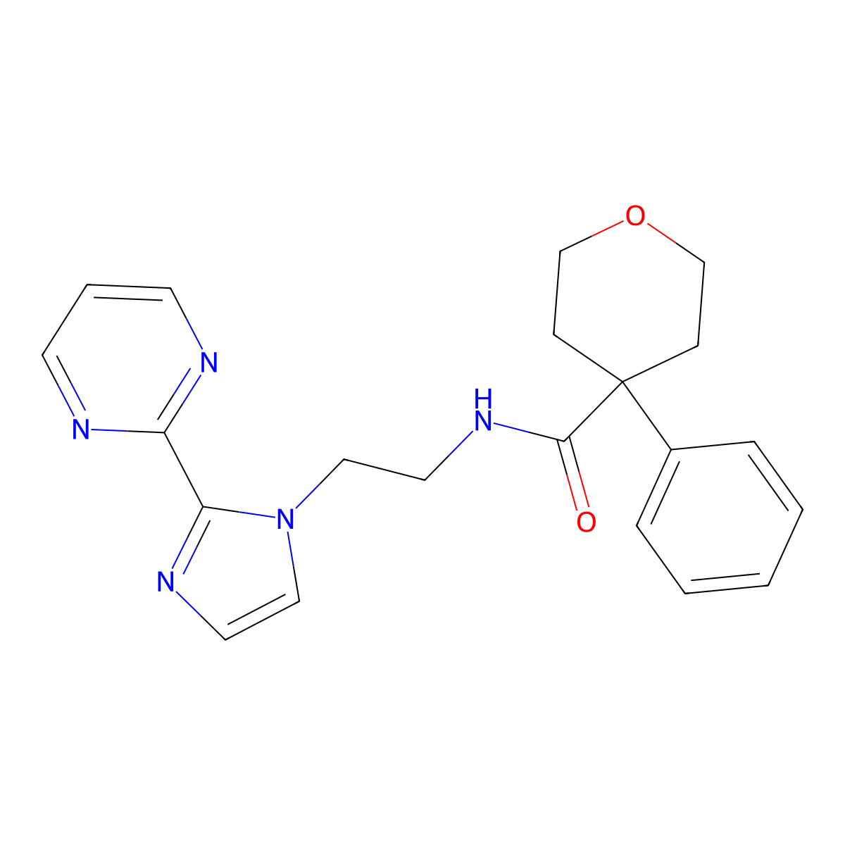 4-phenyl-N-(2-(2-(pyrimidin-2-yl)-1H-imidazol-1-yl)ethyl)tetrahydro-2H-pyran-4-carboxamide molecular structure, CAS 1448036-12-1