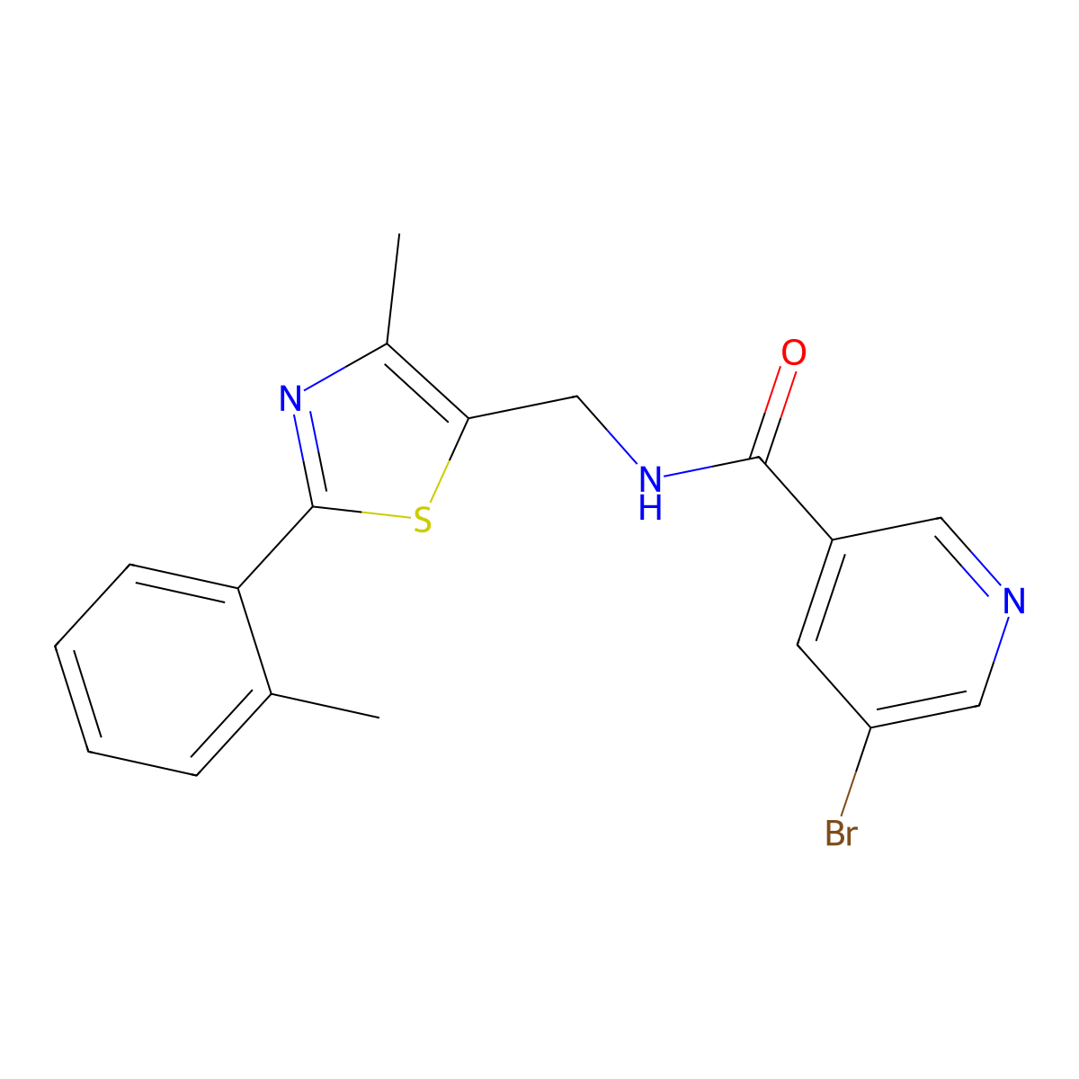 5-bromo-N-((4-methyl-2-(o-tolyl)thiazol-5-yl)methyl)nicotinamide molecular structure, CAS 1448036-47-2