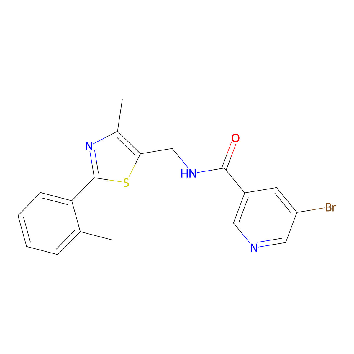 5-bromo-N-((4-methyl-2-(o-tolyl)thiazol-5-yl)methyl)nicotinamide molecular structure, CAS 1448036-47-2