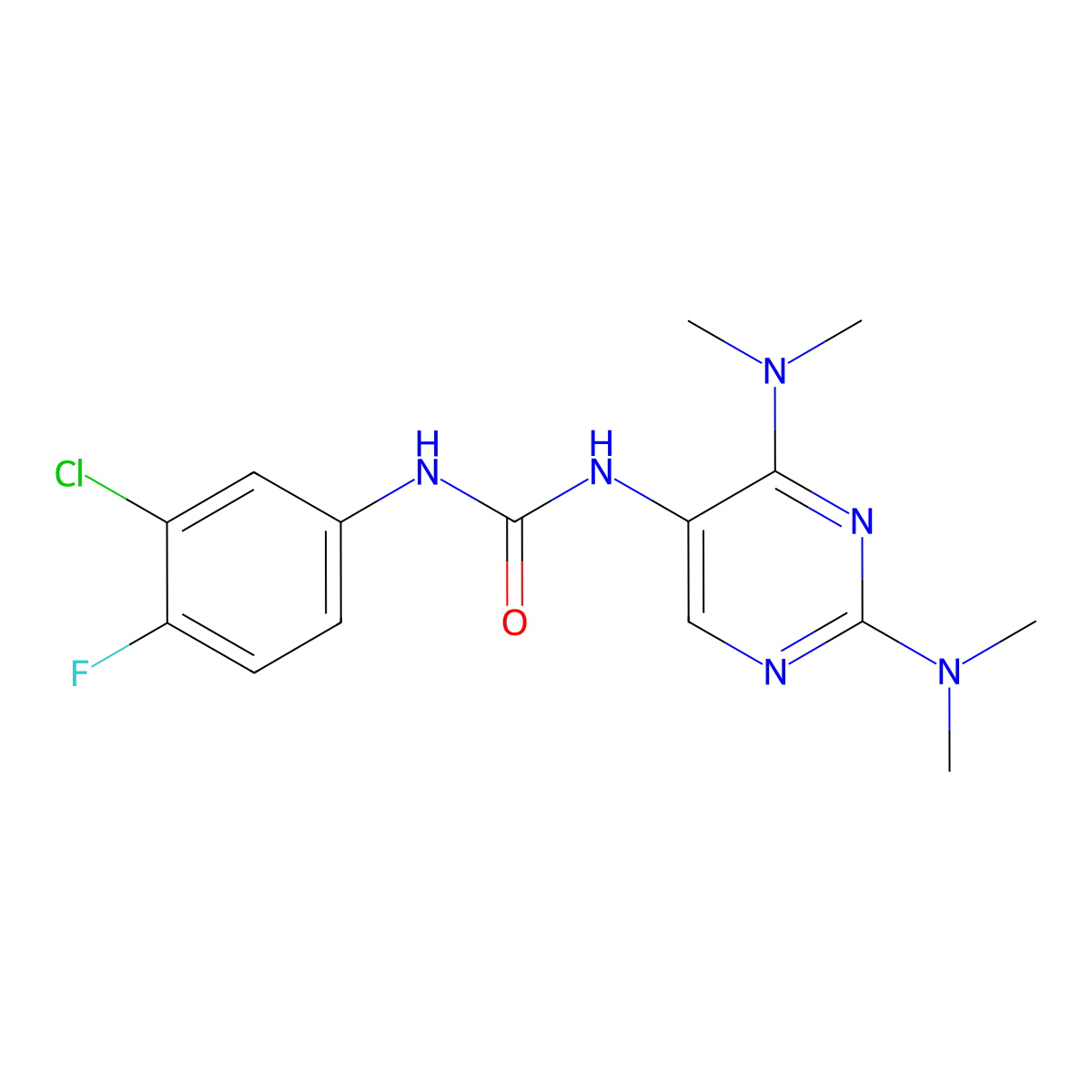 1-(2,4-Bis(dimethylamino)pyrimidin-5-yl)-3-(3-chloro-4-fluorophenyl)urea molecular structure, CAS 1448036-56-3