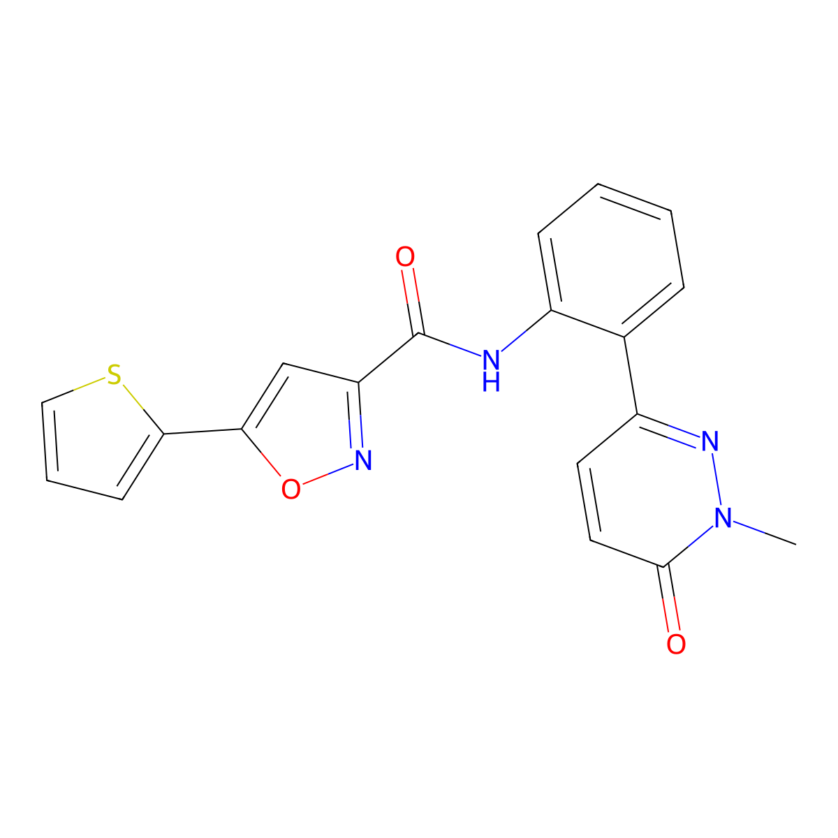 N-(2-(1-methyl-6-oxo-1,6-dihydropyridazin-3-yl)phenyl)-5-(thiophen-2-yl)isoxazole-3-carboxamide molecular structure, CAS 1448036-58-5