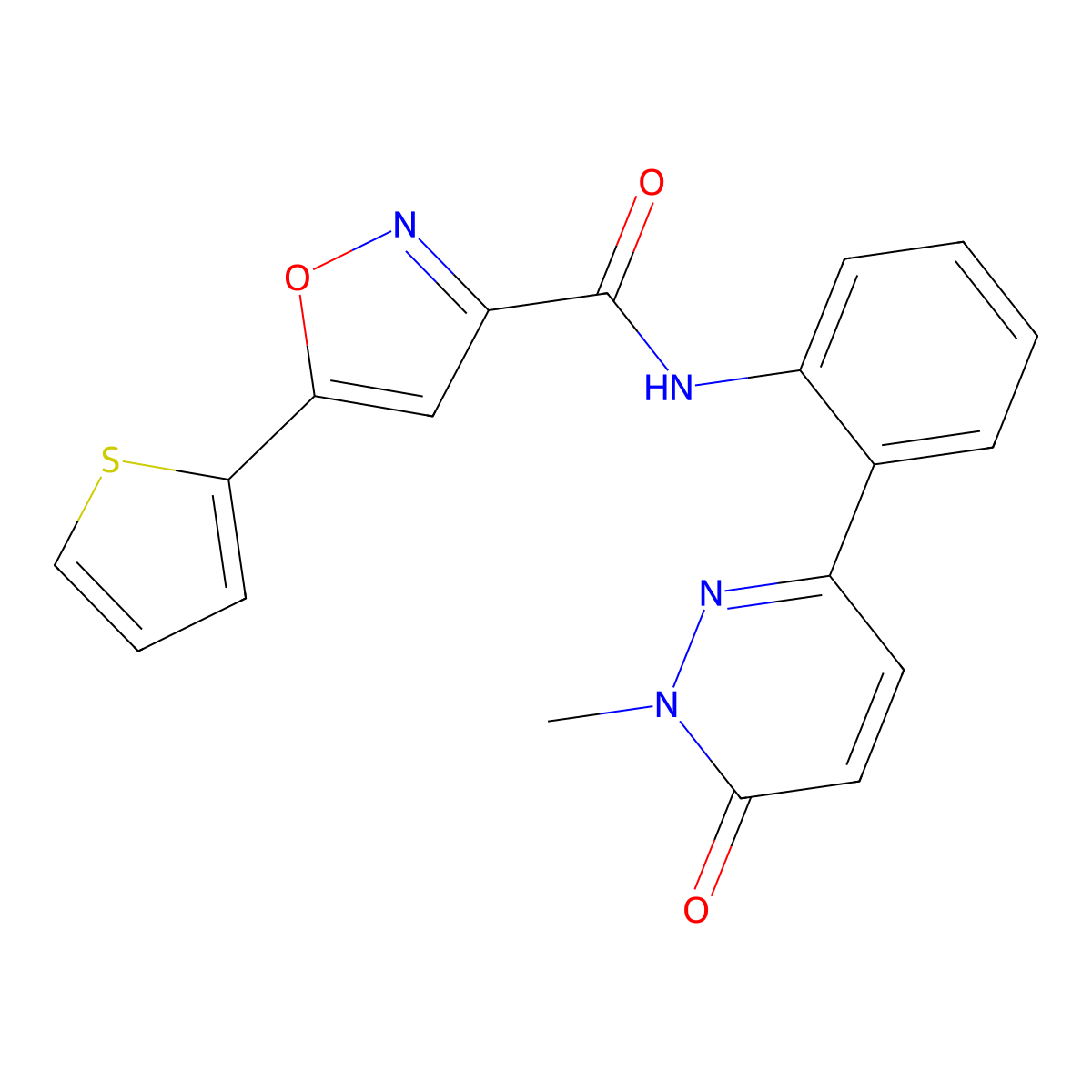 N-(2-(1-methyl-6-oxo-1,6-dihydropyridazin-3-yl)phenyl)-5-(thiophen-2-yl)isoxazole-3-carboxamide molecular structure, CAS 1448036-58-5