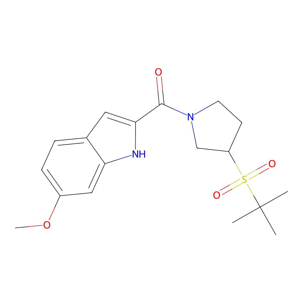 (3-(tert-butylsulfonyl)pyrrolidin-1-yl)(6-methoxy-1H-indol-2-yl)methanone molecular structure, CAS 1448036-84-7