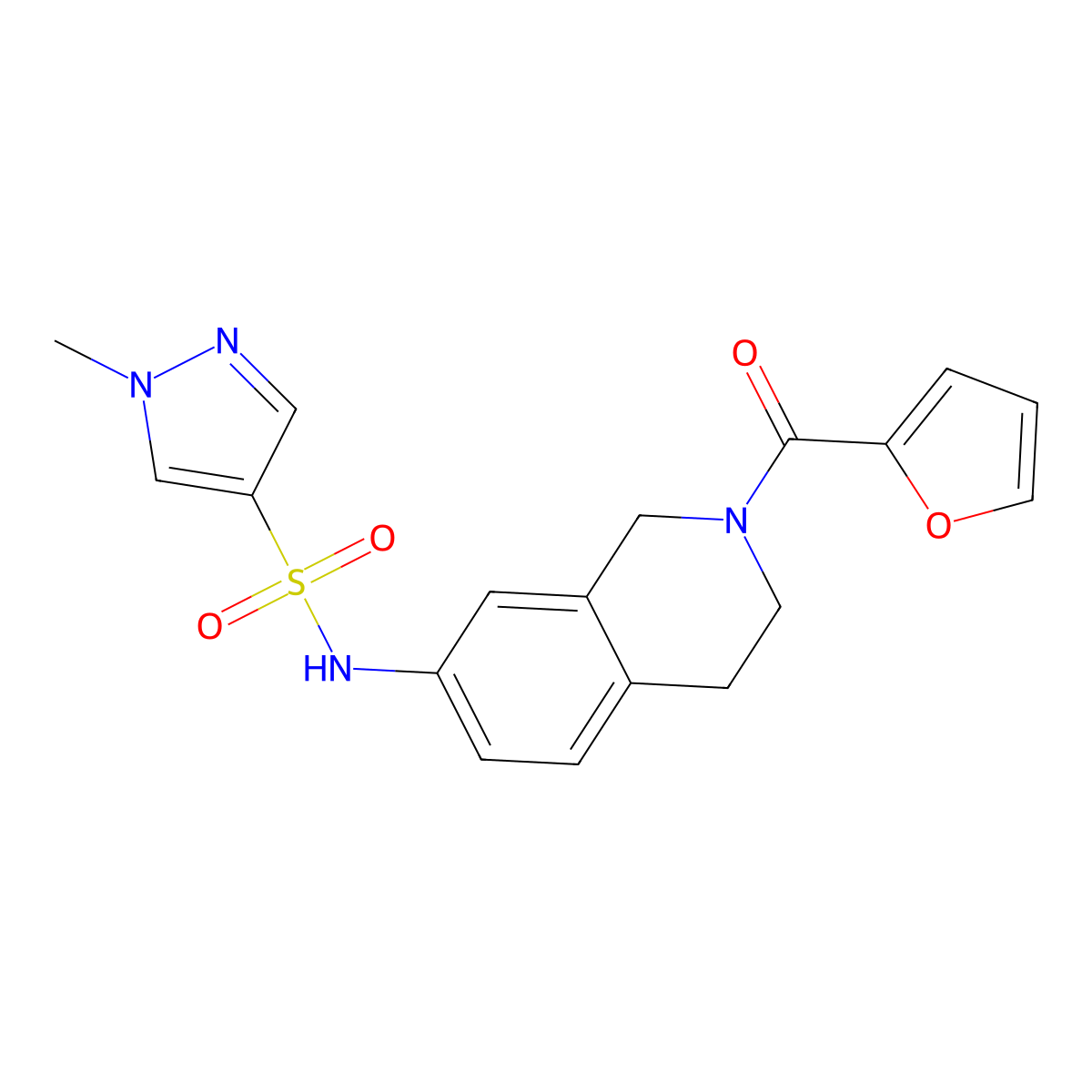 N-(2-(furan-2-carbonyl)-1,2,3,4-tetrahydroisoquinolin-7-yl)-1-methyl-1H-pyrazole-4-sulfonamide molecular structure, CAS 1448036-88-1