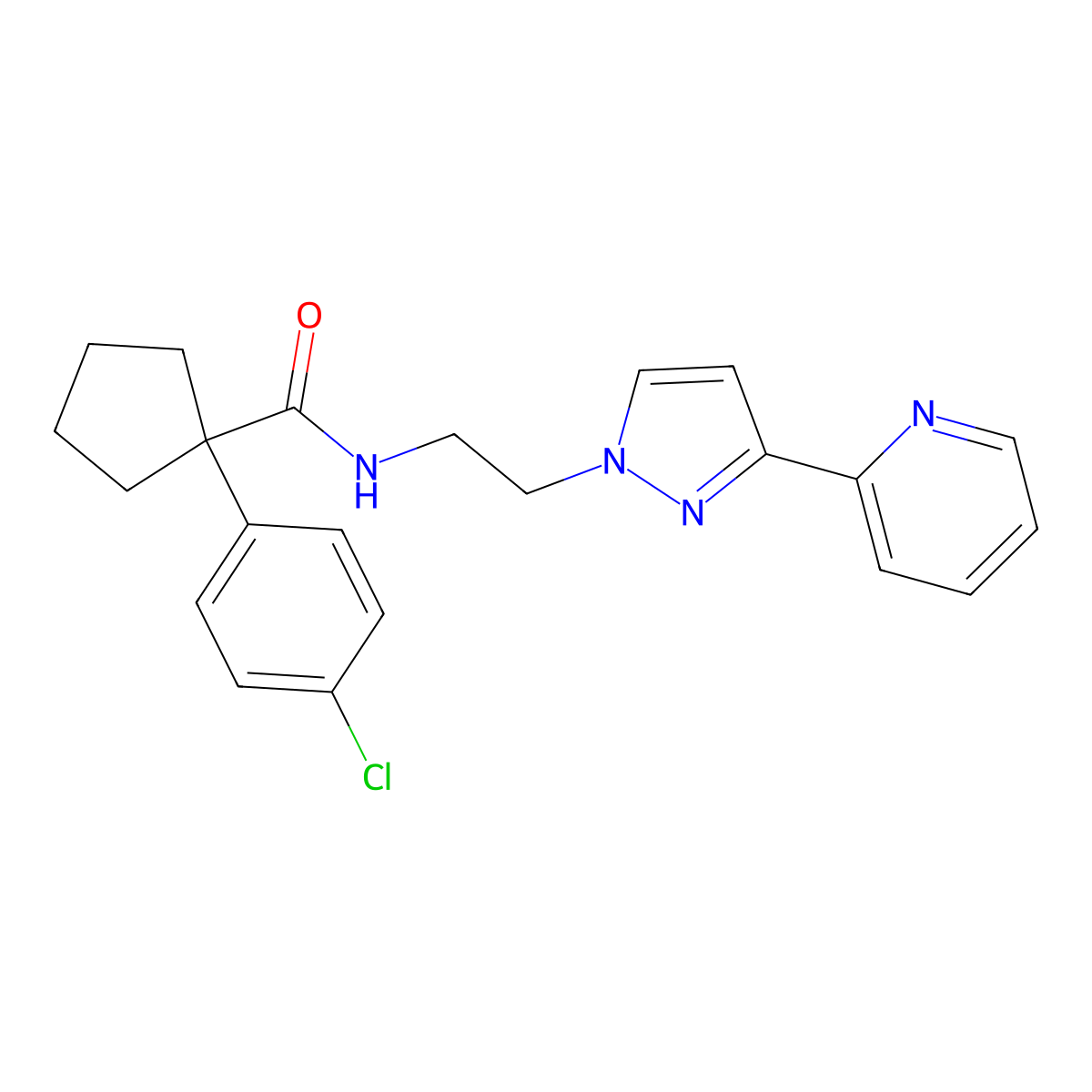 1-(4-chlorophenyl)-N-(2-(3-(pyridin-2-yl)-1H-pyrazol-1-yl)ethyl)cyclopentanecarboxamide molecular structure, CAS 1448036-96-1