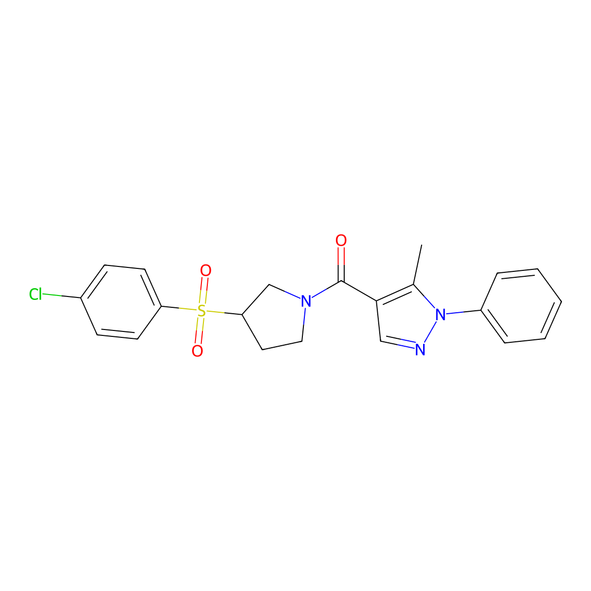4-[3-(4-chlorobenzenesulfonyl)pyrrolidine-1-carbonyl]-5-methyl-1-phenyl-1H-pyrazole molecular structure, CAS 1448036-97-2