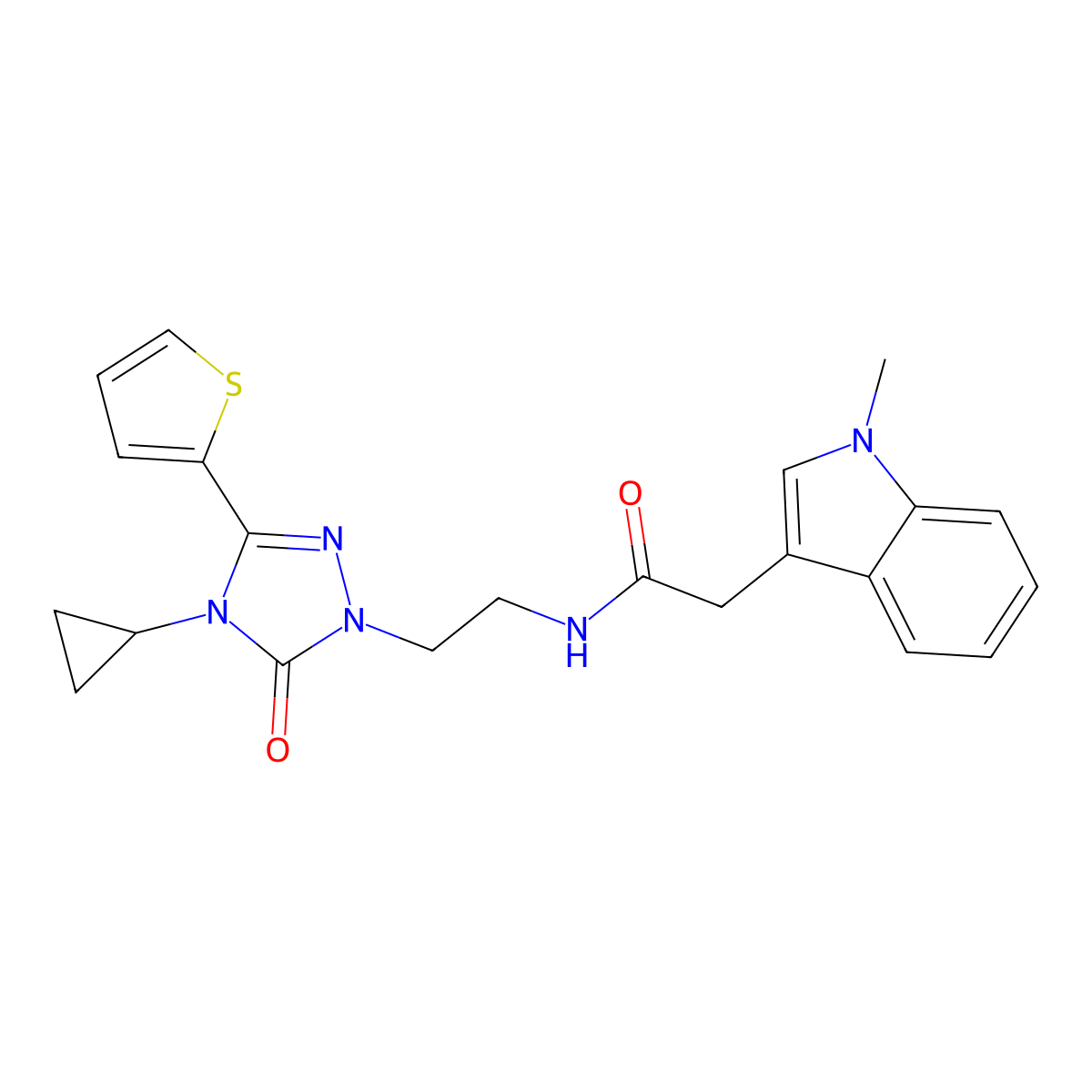 N-(2-(4-cyclopropyl-5-oxo-3-(thiophen-2-yl)-4,5-dihydro-1H-1,2,4-triazol-1-yl)ethyl)-2-(1-methyl-1H-indol-3-yl)acetamide molecular structure, CAS 1448037-16-8
