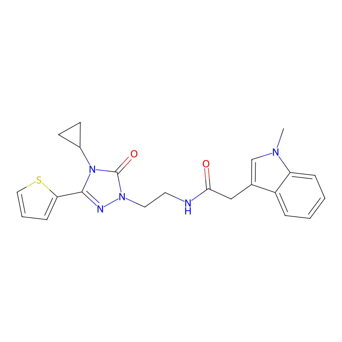 N-(2-(4-cyclopropyl-5-oxo-3-(thiophen-2-yl)-4,5-dihydro-1H-1,2,4-triazol-1-yl)ethyl)-2-(1-methyl-1H-indol-3-yl)acetamide molecular structure, CAS 1448037-16-8