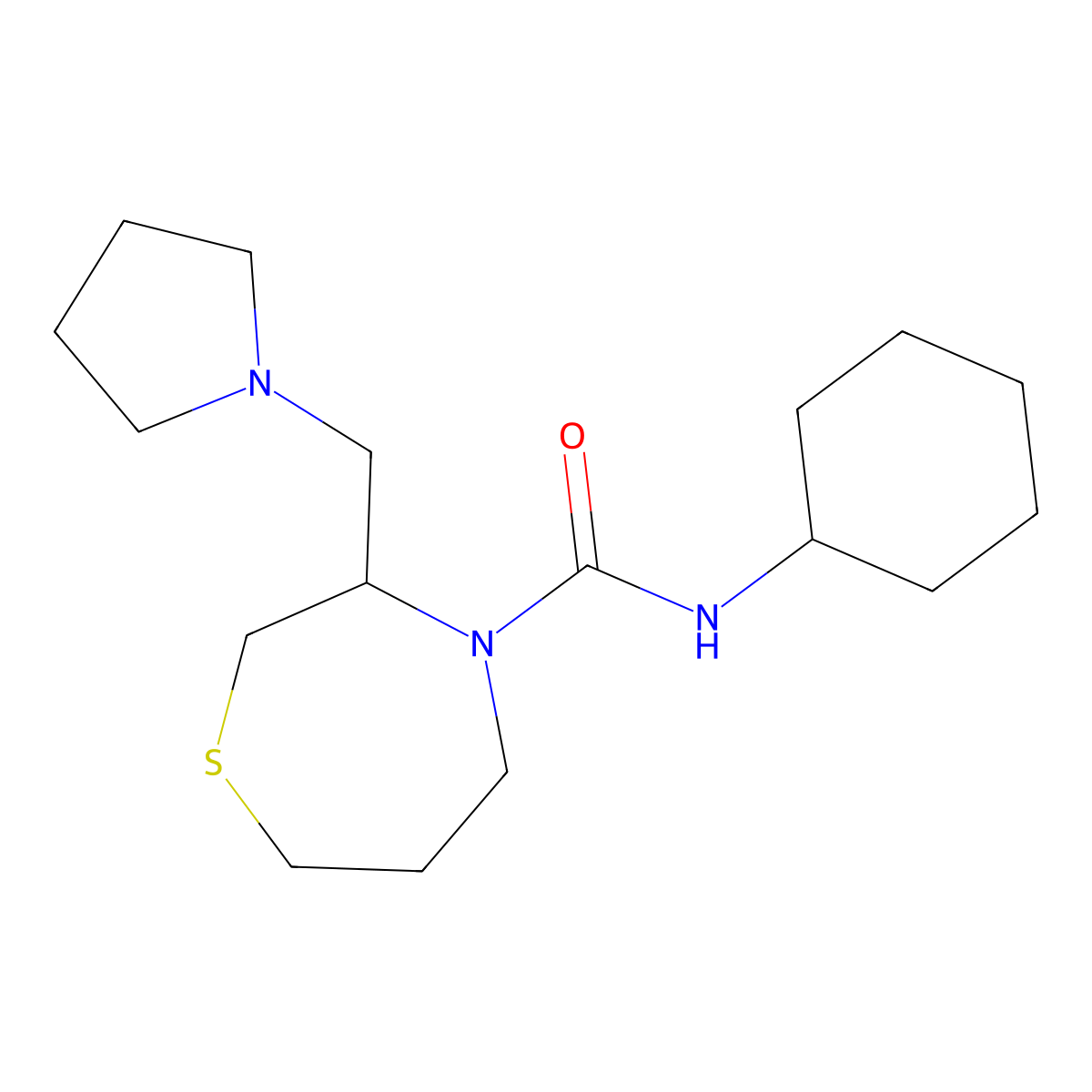 N-cyclohexyl-3-(pyrrolidin-1-ylmethyl)-1,4-thiazepane-4-carboxamide molecular structure, CAS 1448037-17-9