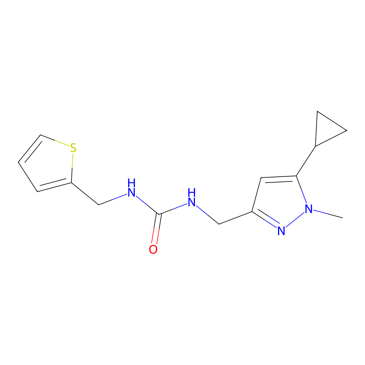 1-((5-cyclopropyl-1-methyl-1H-pyrazol-3-yl)methyl)-3-(thiophen-2-ylmethyl)urea molecular structure, CAS 1448037-23-7