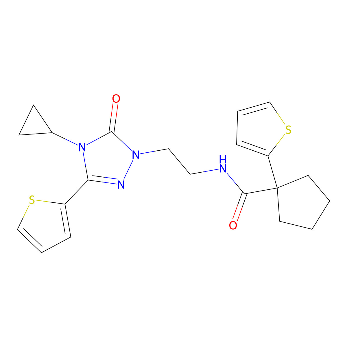 N-(2-(4-cyclopropyl-5-oxo-3-(thiophen-2-yl)-4,5-dihydro-1H-1,2,4-triazol-1-yl)ethyl)-1-(thiophen-2-yl)cyclopentanecarboxamide molecular structure, CAS 1448037-25-9