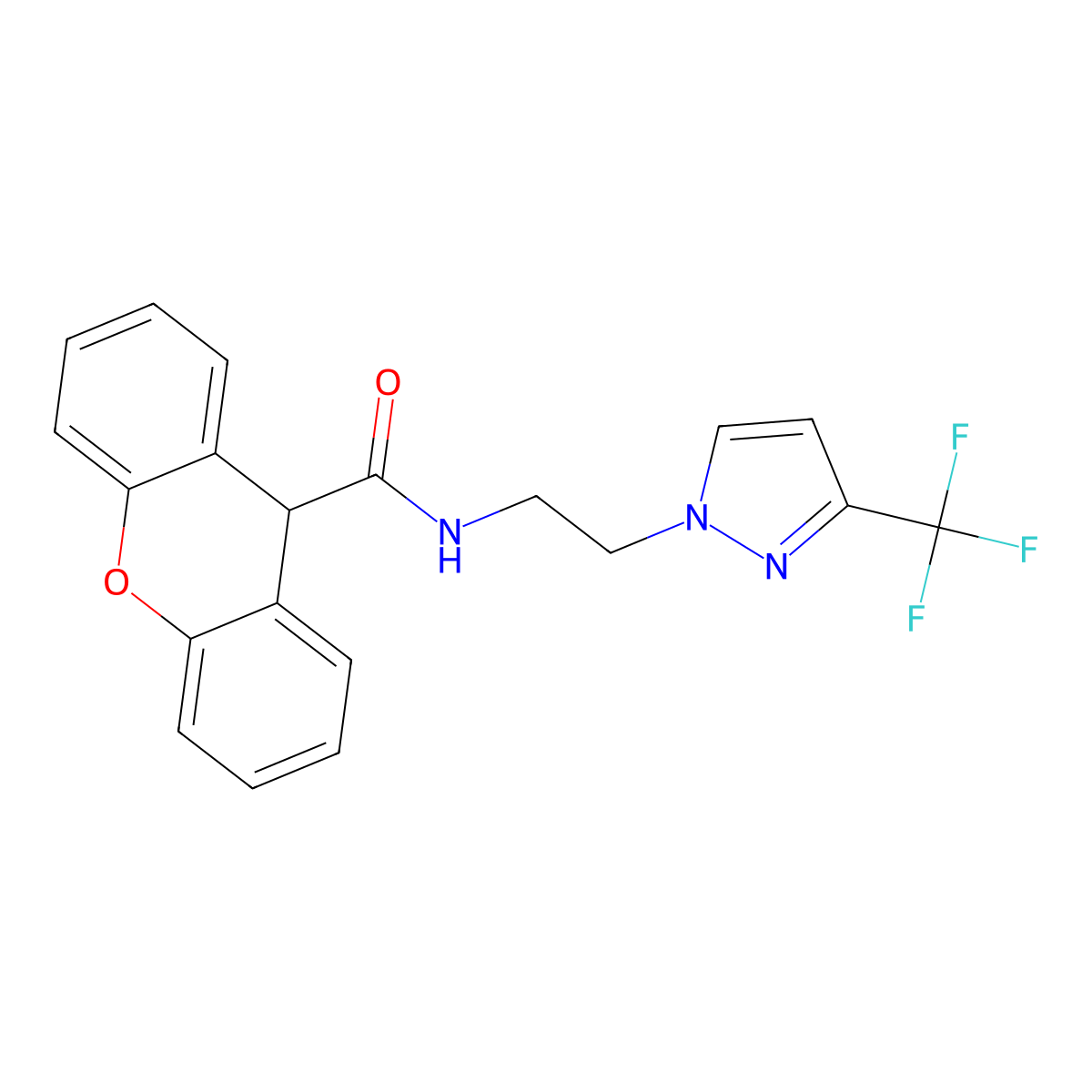 N-{2-[3-(trifluoromethyl)-1H-pyrazol-1-yl]ethyl}-9H-xanthene-9-carboxamide molecular structure, CAS 1448037-28-2