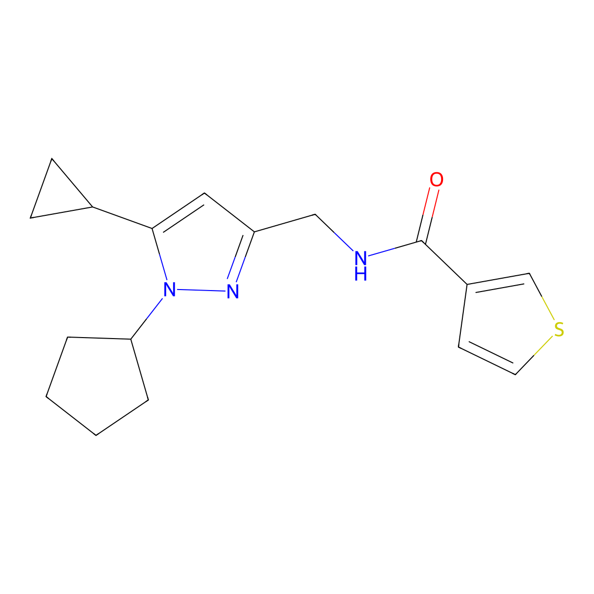 N-((1-cyclopentyl-5-cyclopropyl-1H-pyrazol-3-yl)methyl)thiophene-3-carboxamide molecular structure, CAS 1448037-32-8