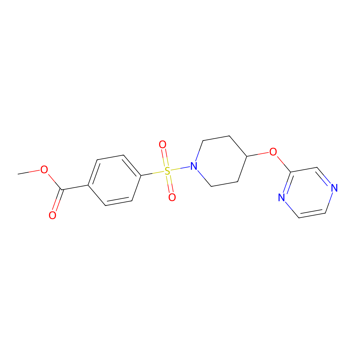 Methyl 4-{[4-(pyrazin-2-yloxy)piperidin-1-yl]sulfonyl}benzoate molecular structure, CAS 1448037-39-5