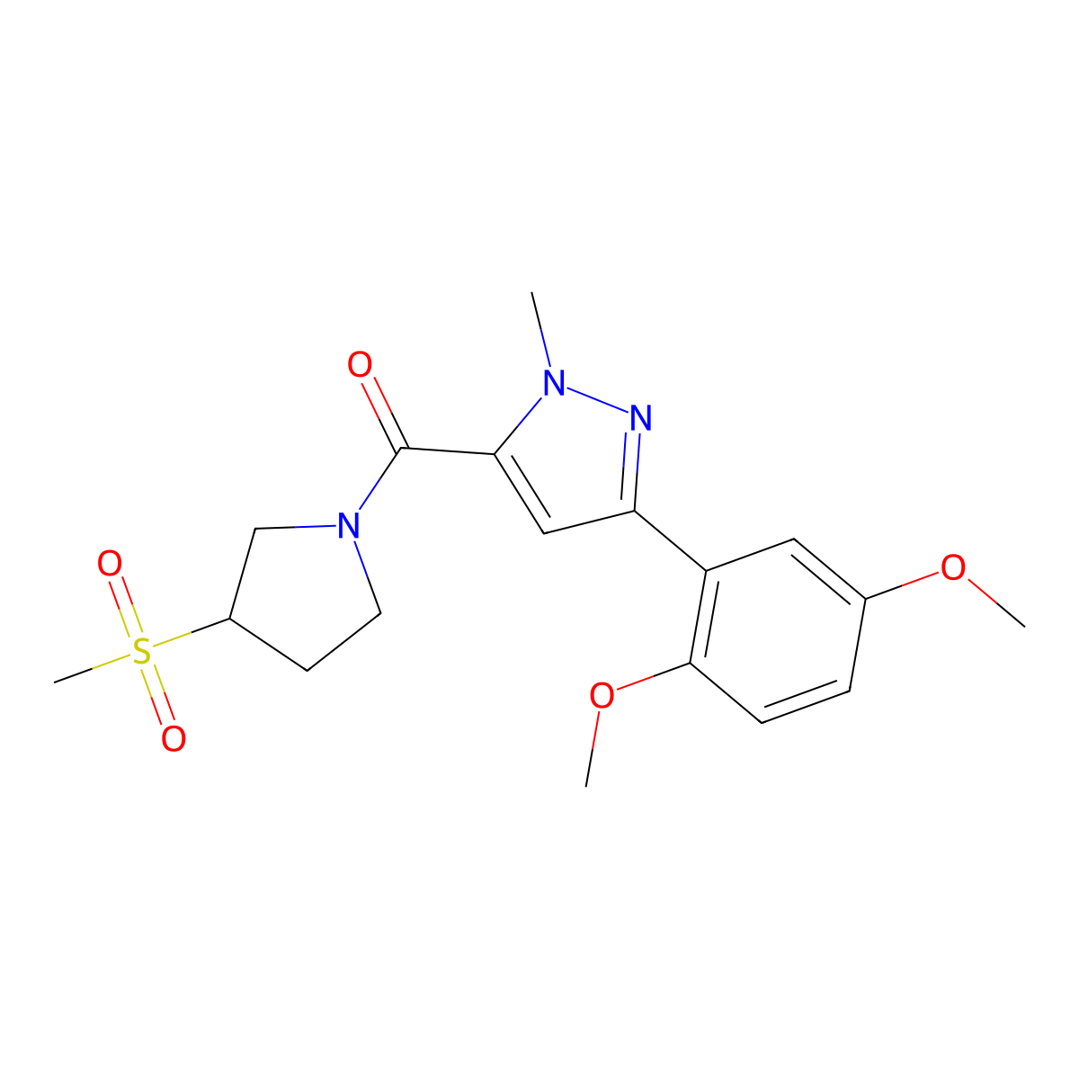 (3-(2,5-dimethoxyphenyl)-1-methyl-1H-pyrazol-5-yl)(3-(methylsulfonyl)pyrrolidin-1-yl)methanone molecular structure, CAS 1448037-41-9