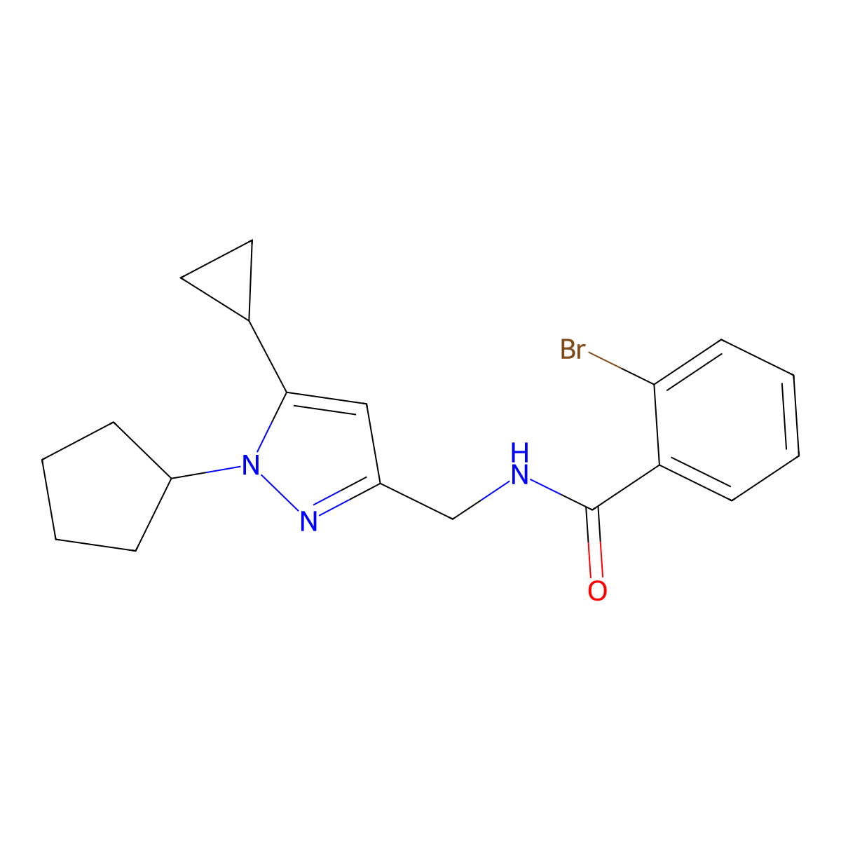 2-bromo-N-[(1-cyclopentyl-5-cyclopropyl-1H-pyrazol-3-yl)methyl]benzamide molecular structure, CAS 1448037-42-0