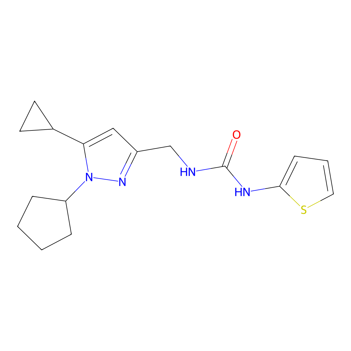 1-((1-cyclopentyl-5-cyclopropyl-1H-pyrazol-3-yl)methyl)-3-(thiophen-2-yl)urea molecular structure, CAS 1448037-51-1