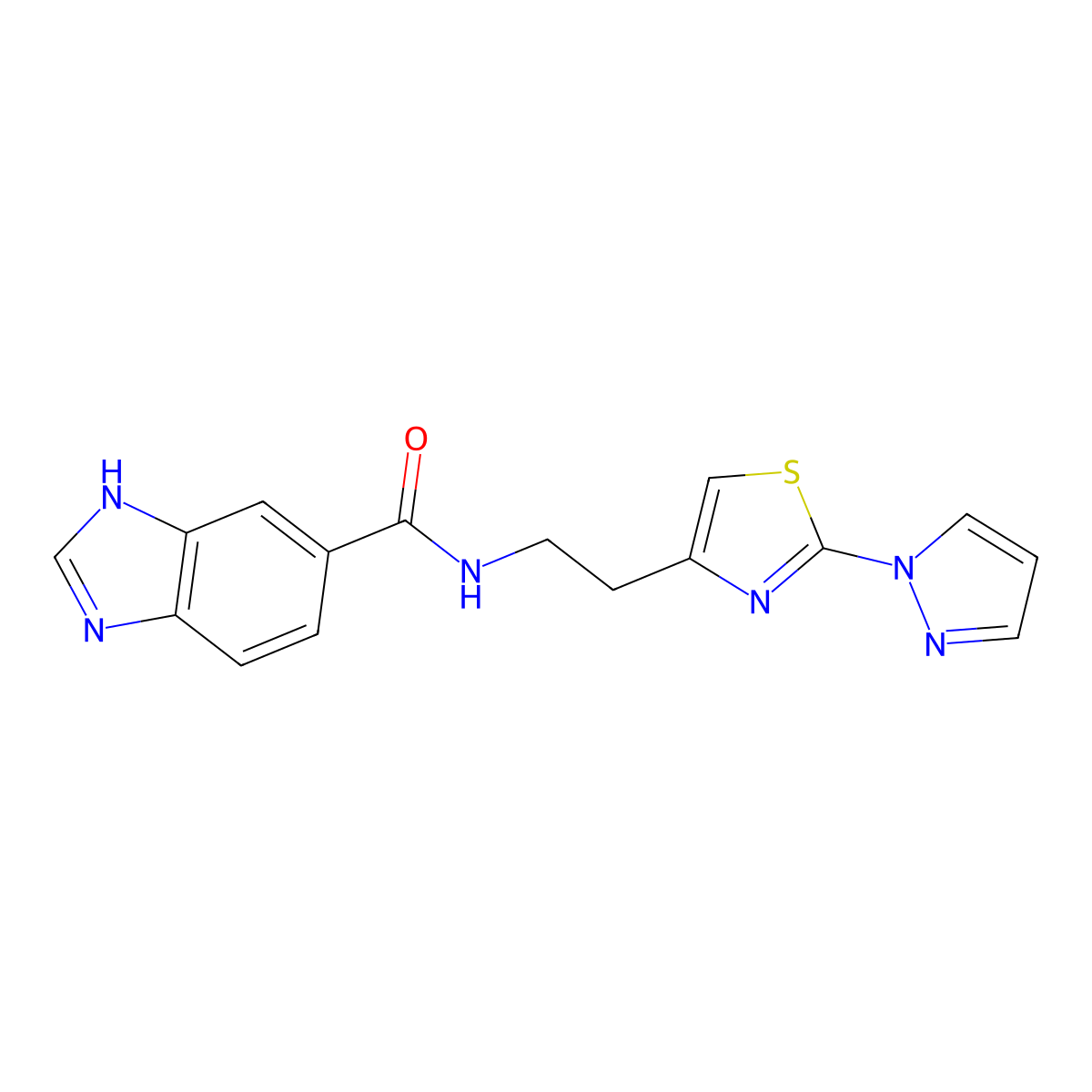 N-(2-(2-(1H-pyrazol-1-yl)thiazol-4-yl)ethyl)-1H-benzo[d]imidazole-5-carboxamide molecular structure, CAS 1448037-56-6