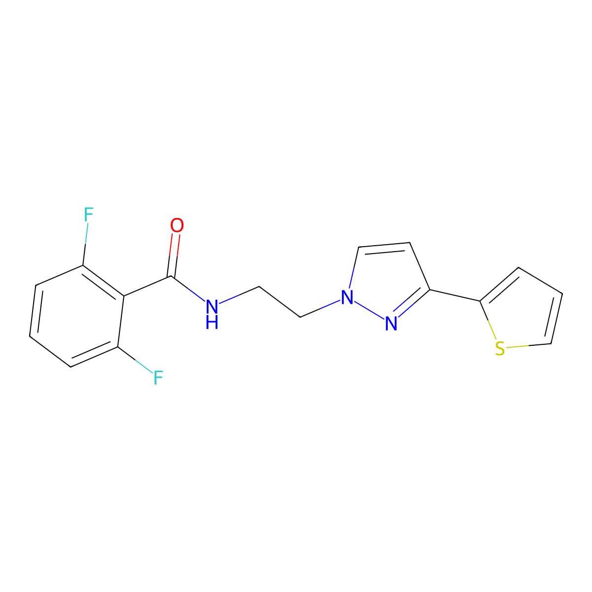 2,6-difluoro-N-(2-(3-(thiophen-2-yl)-1H-pyrazol-1-yl)ethyl)benzamide molecular structure, CAS 1448037-68-0