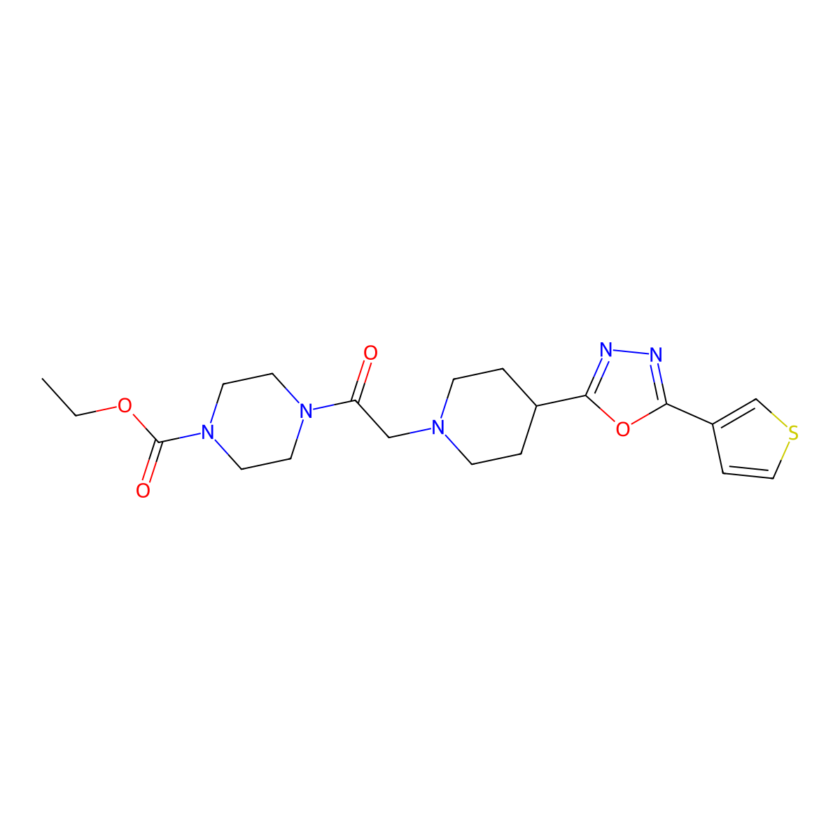 Ethyl 4-(2-{4-[5-(thiophen-3-YL)-1,3,4-oxadiazol-2-YL]piperidin-1-YL}acetyl)piperazine-1-carboxylate molecular structure, CAS 1448037-76-0