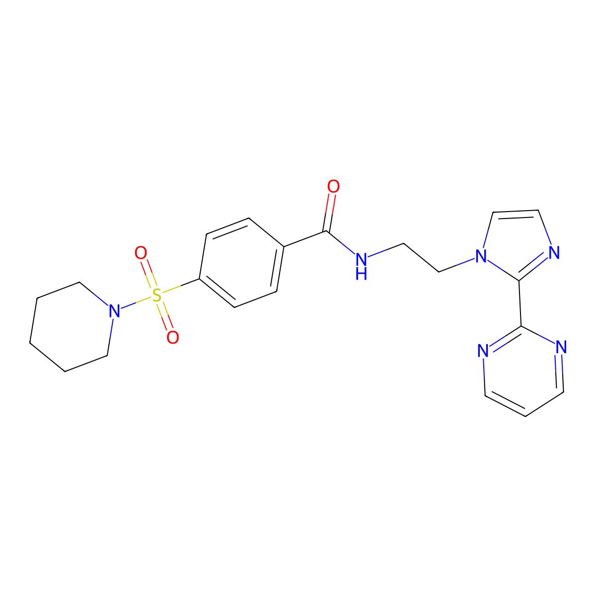 4-(piperidin-1-ylsulfonyl)-N-(2-(2-(pyrimidin-2-yl)-1H-imidazol-1-yl)ethyl)benzamide molecular structure, CAS 1448037-77-1