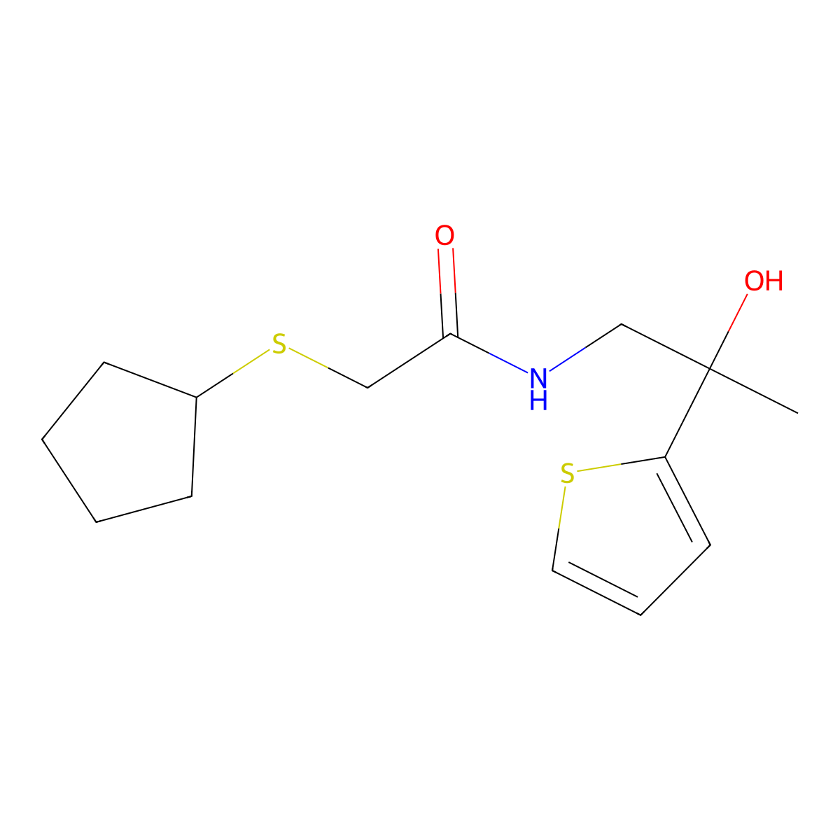 2-(cyclopentylthio)-N-(2-hydroxy-2-(thiophen-2-yl)propyl)acetamide molecular structure, CAS 1448037-78-2