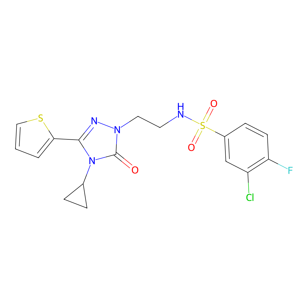 3-chloro-N-(2-(4-cyclopropyl-5-oxo-3-(thiophen-2-yl)-4,5-dihydro-1H-1,2,4-triazol-1-yl)ethyl)-4-fluorobenzenesulfonamide molecular structure, CAS 1448037-86-2