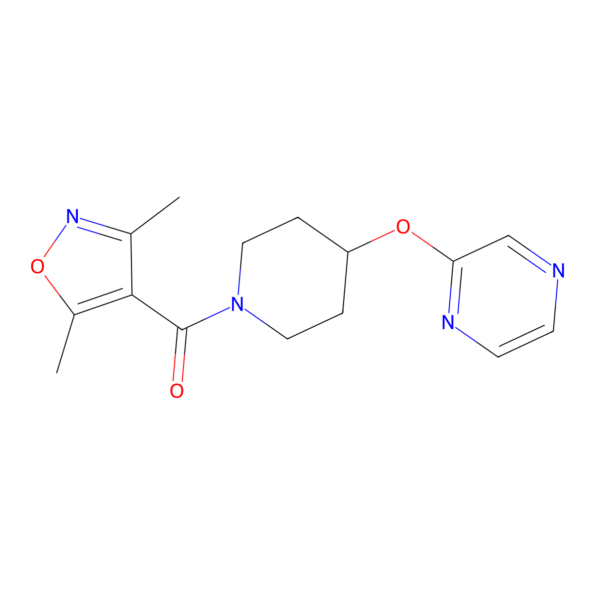 (3,5-Dimethylisoxazol-4-yl)(4-(pyrazin-2-yloxy)piperidin-1-yl)methanone molecular structure, CAS 1448037-91-9