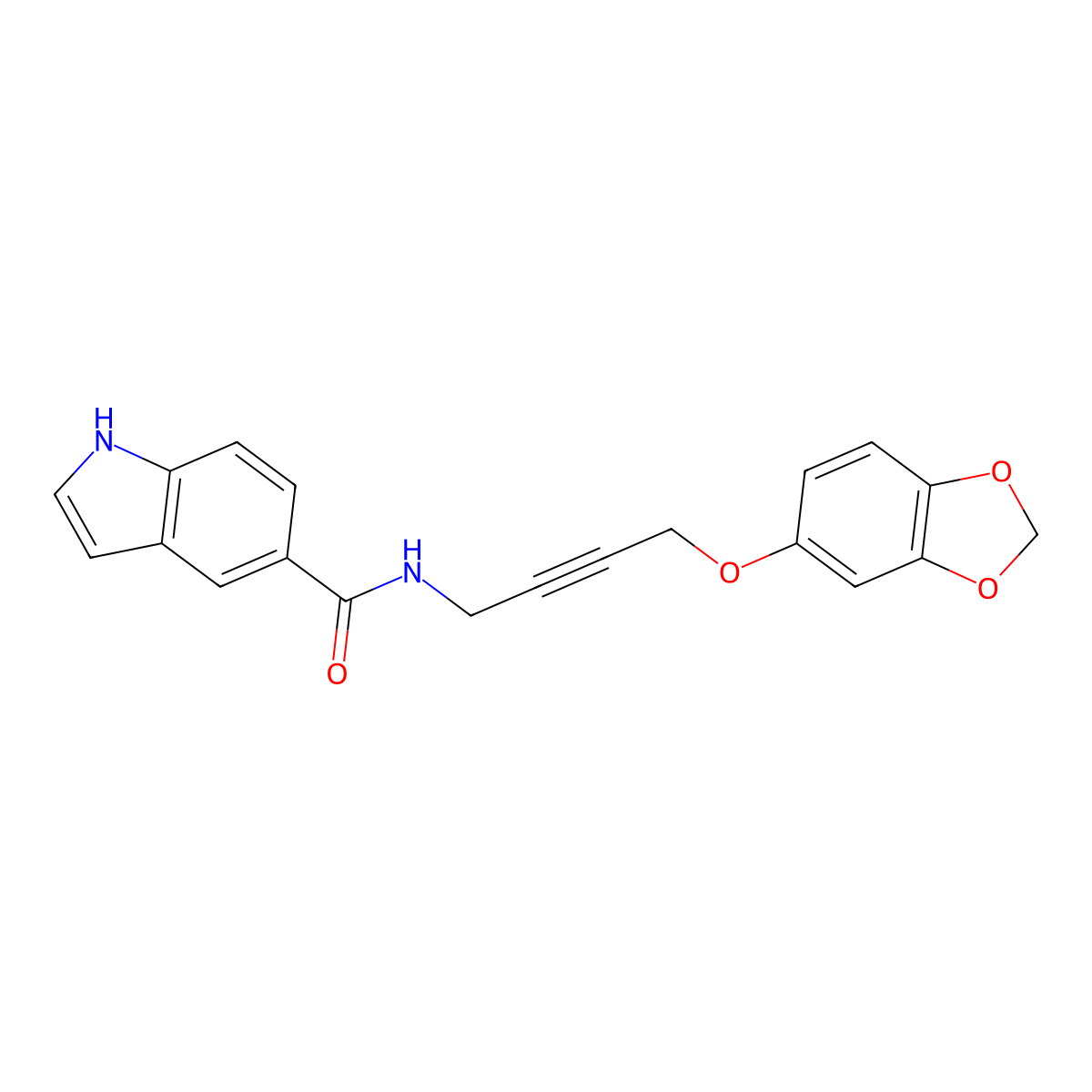 N-(4-(benzo[d][1,3]dioxol-5-yloxy)but-2-yn-1-yl)-1H-indole-5-carboxamide molecular structure, CAS 1448037-98-6