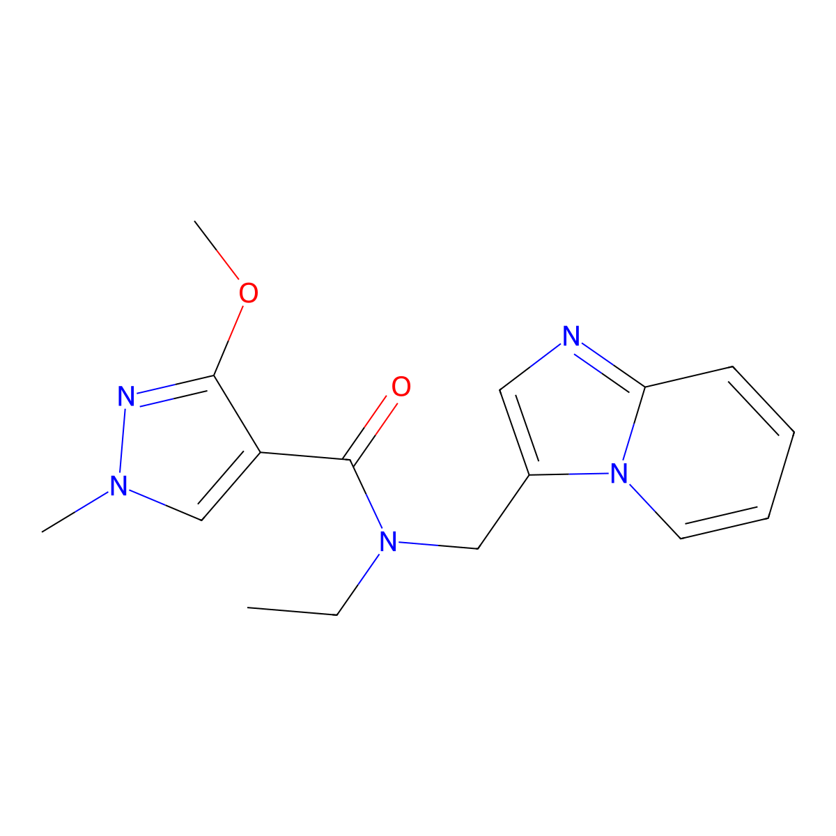 N-ethyl-N-(imidazo[1,2-a]pyridin-3-ylmethyl)-3-methoxy-1-methyl-1H-pyrazole-4-carboxamide molecular structure, CAS 1448038-10-5