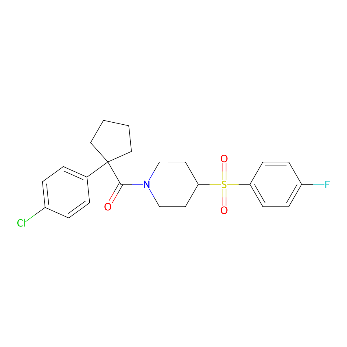 (1-(4-Chlorophenyl)cyclopentyl)(4-((4-fluorophenyl)sulfonyl)piperidin-1-yl)methanone molecular structure, CAS 1448038-18-3