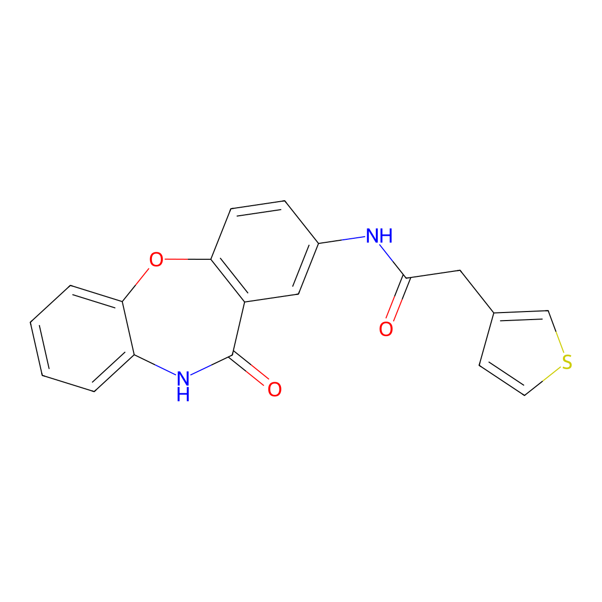 N-{10-oxo-2-oxa-9-azatricyclo[9.4.0.0^{3,8}]pentadeca-1(11),3(8),4,6,12,14-hexaen-13-yl}-2-(thiophen-3-yl)acetamide molecular structure, CAS 1448038-27-4