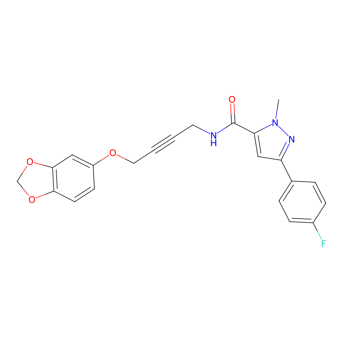 N-(4-(benzo[d][1,3]dioxol-5-yloxy)but-2-yn-1-yl)-3-(4-fluorophenyl)-1-methyl-1H-pyrazole-5-carboxamide molecular structure, CAS 1448043-19-3