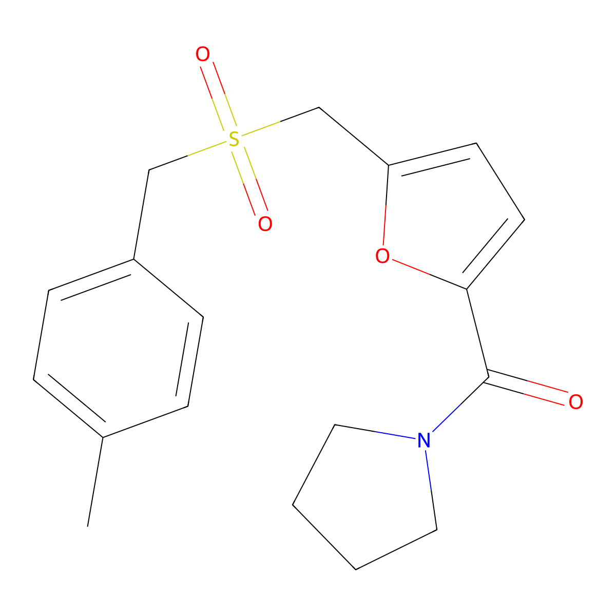 (5-(((4-Methylbenzyl)sulfonyl)methyl)furan-2-yl)(pyrrolidin-1-yl)methanone molecular structure, CAS 1448043-21-7