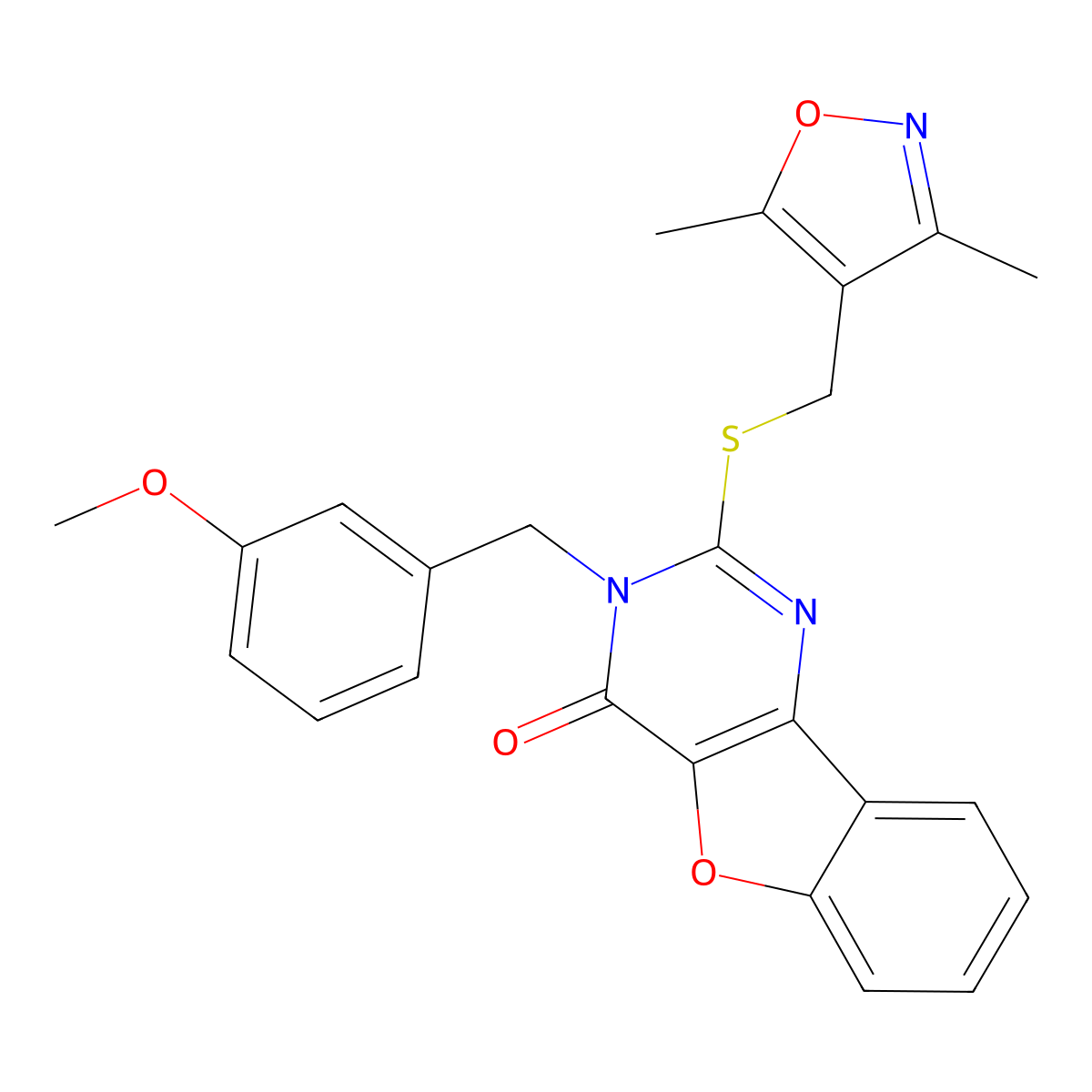 2-(((3,5-dimethylisoxazol-4-yl)methyl)thio)-3-(3-methoxybenzyl)benzofuro[3,2-d]pyrimidin-4(3H)-one molecular structure, CAS 1448043-22-8