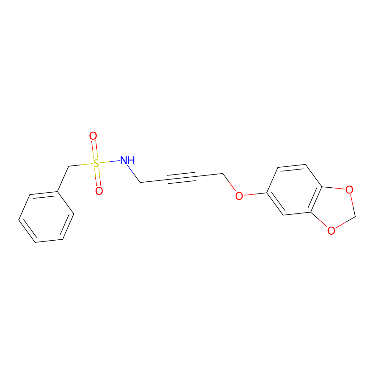N-(4-(benzo[d][1,3]dioxol-5-yloxy)but-2-yn-1-yl)-1-phenylmethanesulfonamide molecular structure, CAS 1448043-23-9
