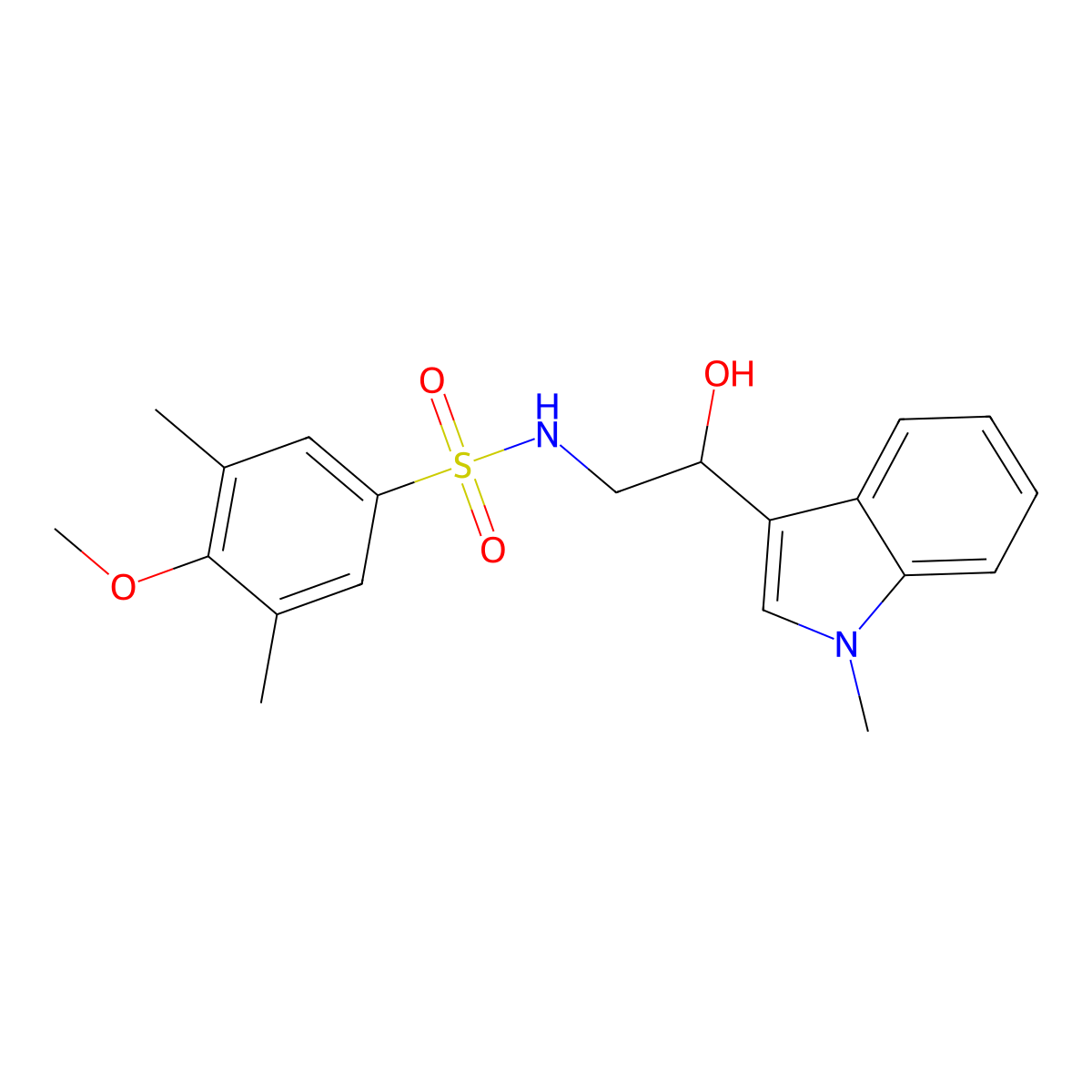 N-(2-hydroxy-2-(1-methyl-1H-indol-3-yl)ethyl)-4-methoxy-3,5-dimethylbenzenesulfonamide molecular structure, CAS 1448043-28-4