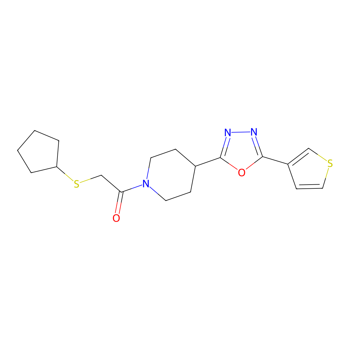 2-(Cyclopentylthio)-1-(4-(5-(thiophen-3-yl)-1,3,4-oxadiazol-2-yl)piperidin-1-yl)ethanone molecular structure, CAS 1448043-34-2