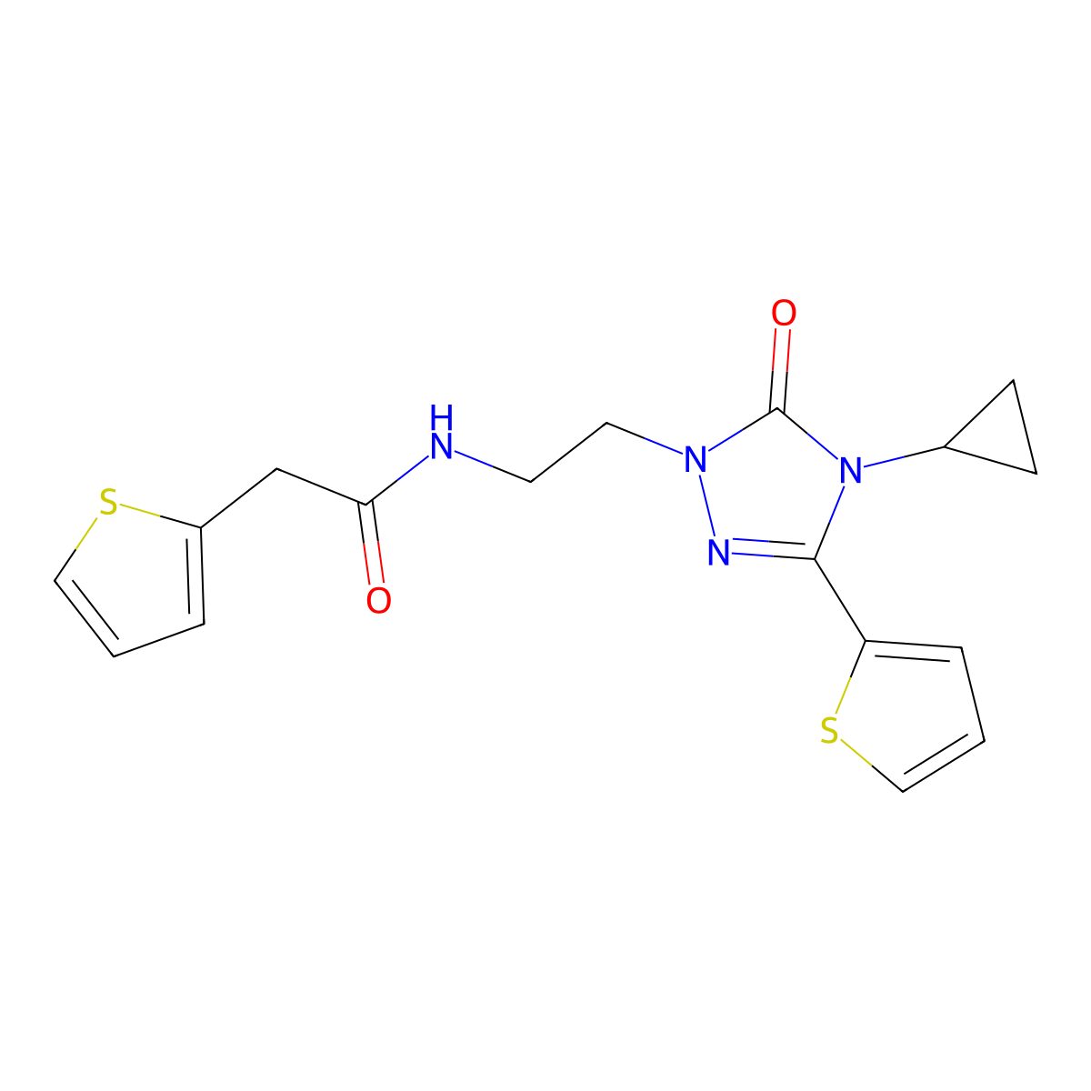 N-{2-[4-cyclopropyl-5-oxo-3-(thiophen-2-yl)-4,5-dihydro-1H-1,2,4-triazol-1-yl]ethyl}-2-(thiophen-2-yl)acetamide molecular structure, CAS 1448043-36-4